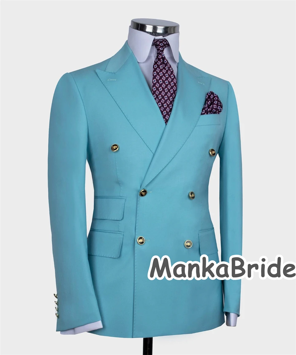 Klassieke Double Breasted Gouden Knop Witte Bruiloft Bruidegom Tuxedo 2 Stuks Blazer Broek Blauw Formeel Feest Diner Volledige Herenpakken