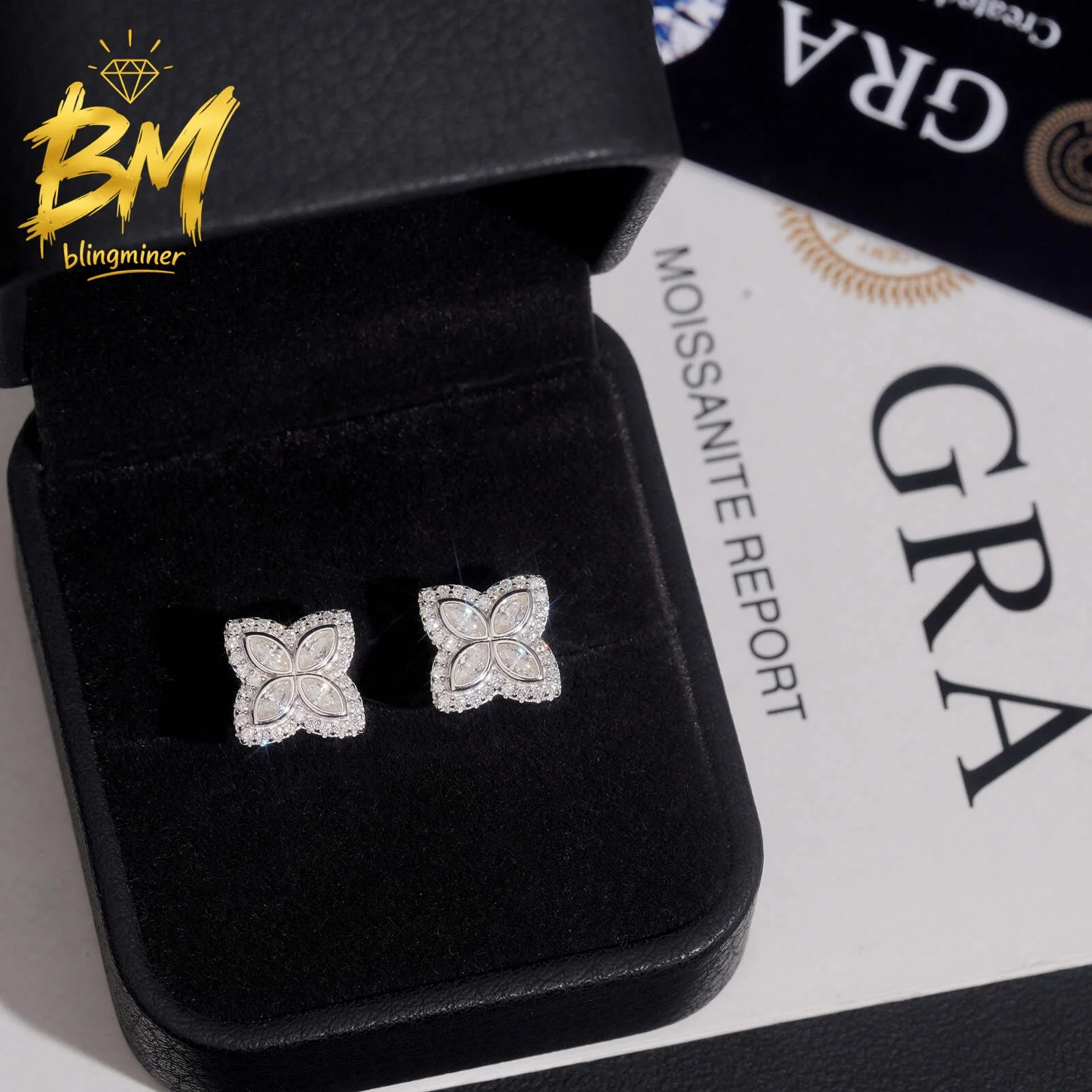 Blingminer Iced Out Clover VVS Moissanite Earrings For Men Women S925 Silver Ear Studs Jewelry Pass Diamonds Tester GRA