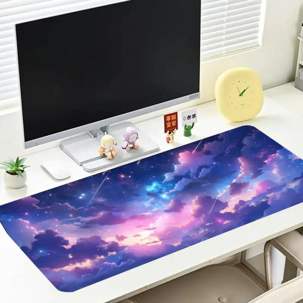 Orange Blue Gradient Nebula Anime Desk Mat Sunset Afterglow Style Premium Bound Edge Large Size Anti-Slip Keyboard Pad for study