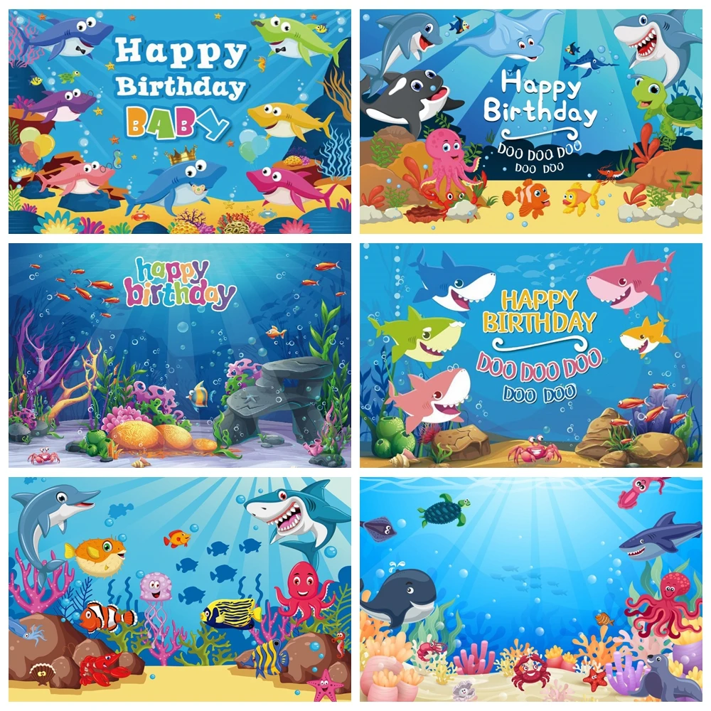 

Underwater World Shark Birthday Backdrop for Photography Sea Ocean Fish Dolphin Newborn Baby Shower Background Photo Studio Prop