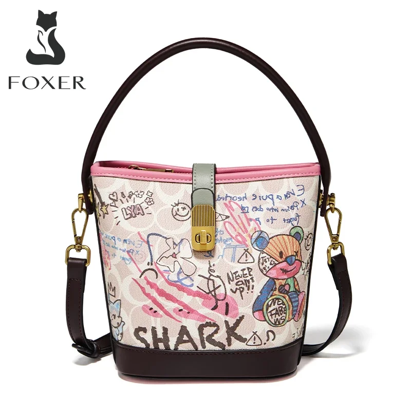 Foxer-PU Couro Elegante Bolsa de Namoro para Mulheres, Premium Commuter, Messenger Shoulder Bag, Lady Office, Impressões Balde, Bolsas Crossbody