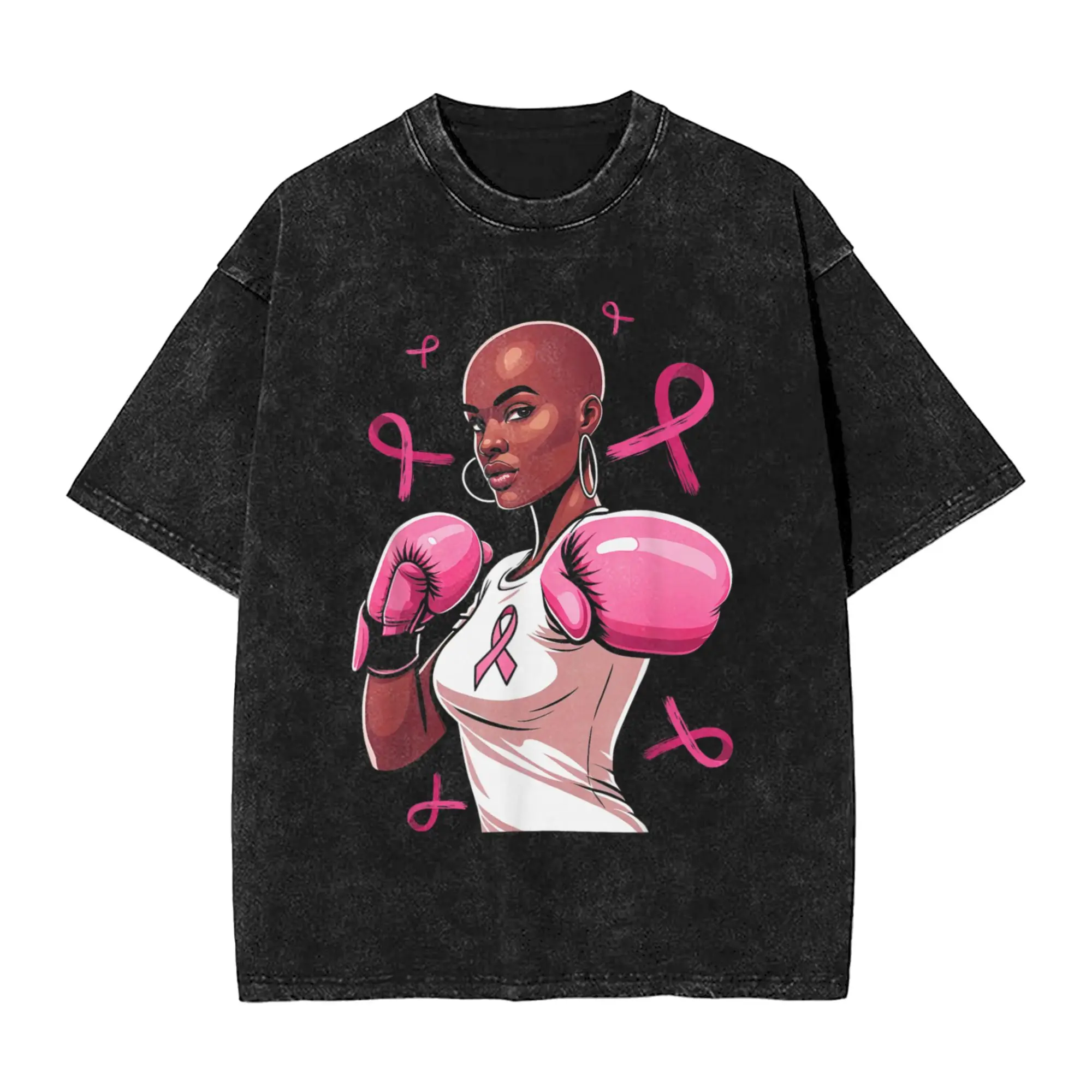 Breast Cancer Awareness African American Afro Pink Ribbon T-Shirt T Shirts Short-Sleeved Y2K Tops Summer Cotton Plus Size Tees