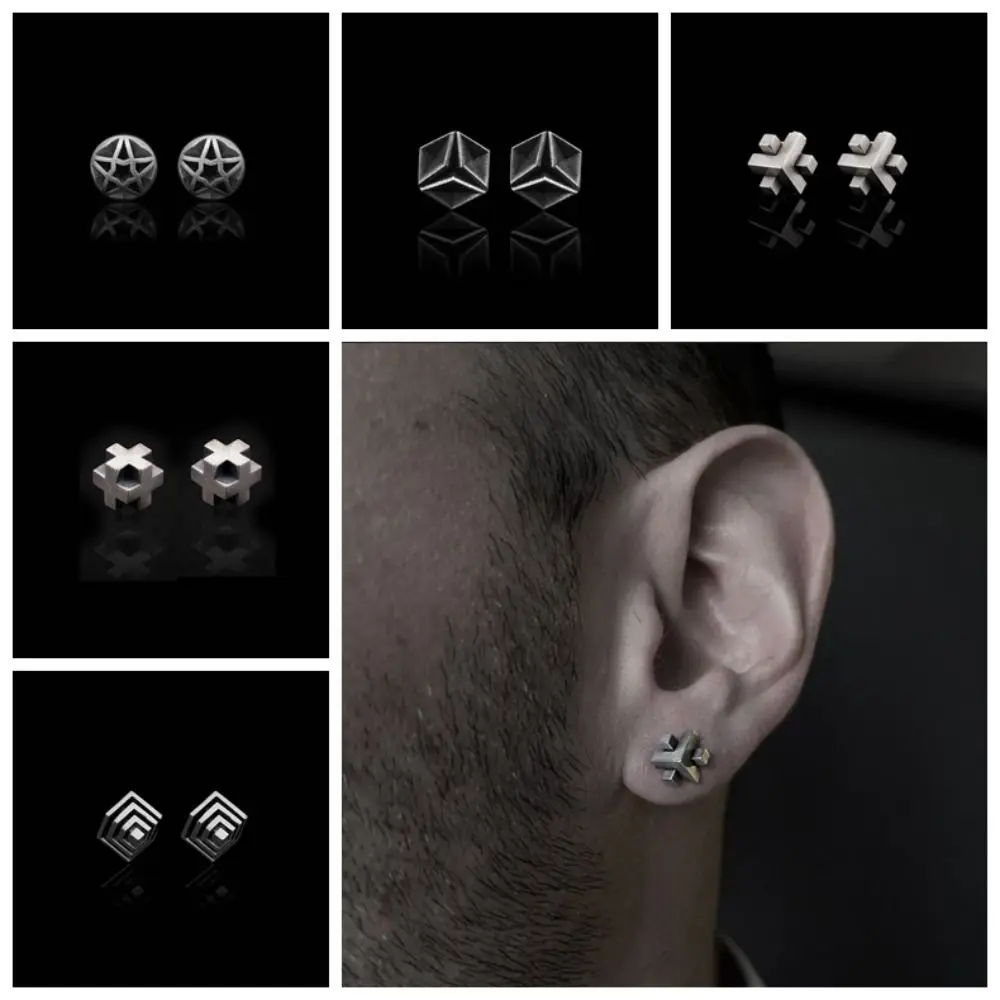 Korean Style Punk Men's Earnings Street Wear Solid Color Geometric Stud Earrings Alloy Stereoscopic Hip Hop Earring Jewelry Gift