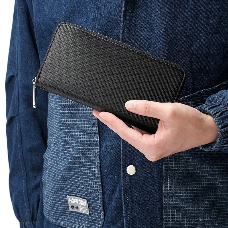 Men Carbon Fiber Texture Long Zipper Wallet Faux Leather Multi Card Holder Large Capacity Red Interior Cash Purse Clutch Handbag
