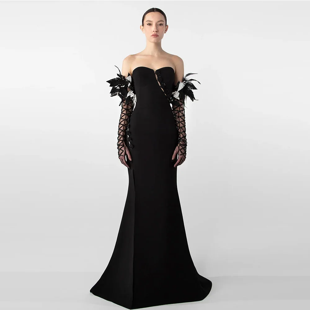 

Elegant Black Trumpet Sleeveless Floor Length Saudi Dresses Ruffles Prom Dress