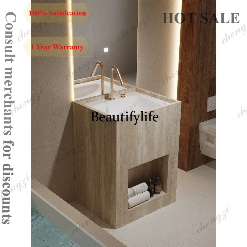 D1089 custom hotel villa beige travertine rock slab hot bending integrated column basin outdoor courtyard hand washing basin
