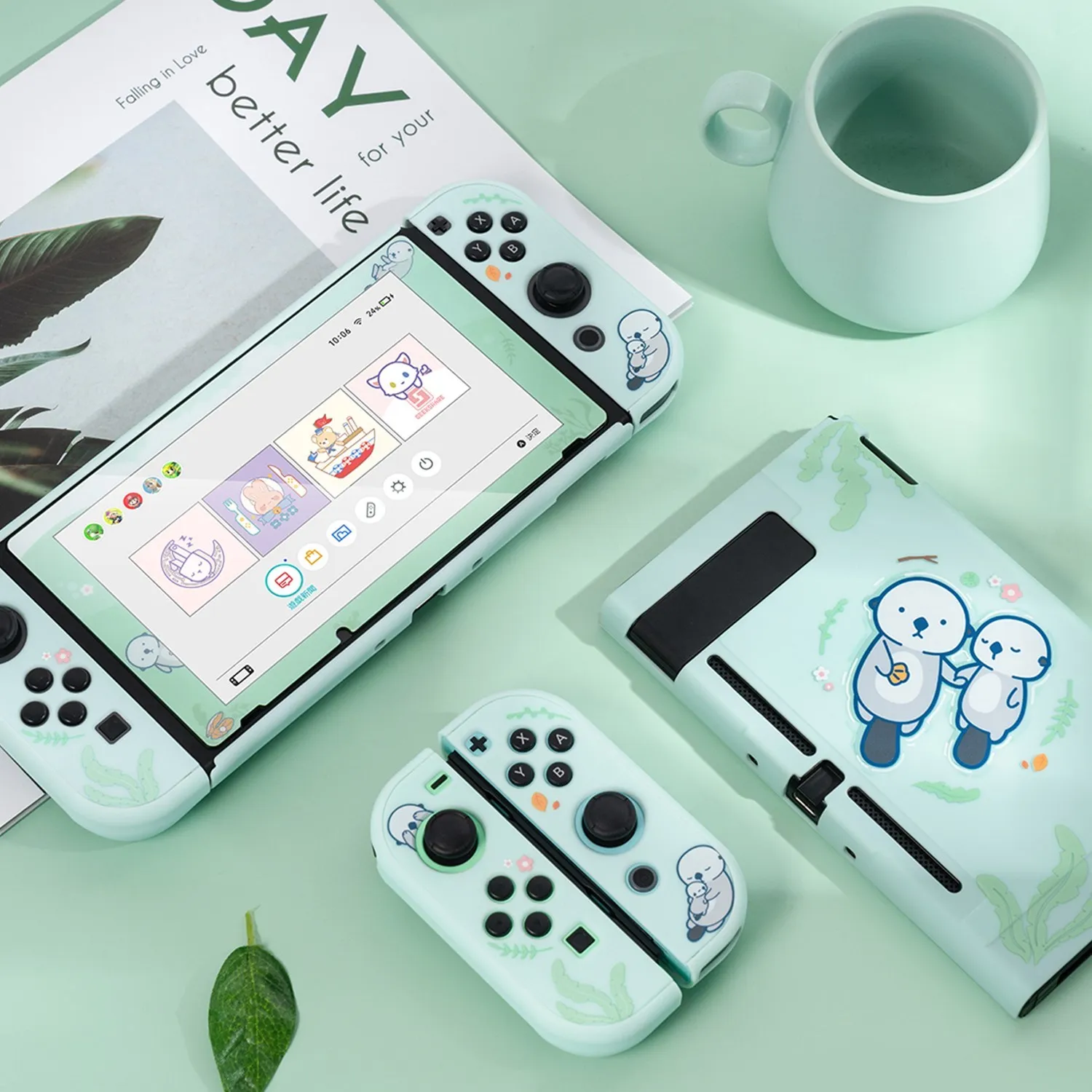 GeekShare 닌텐도 스위치 쉘 코튼 시바 이누 바다 수달 하드 풀 커버 백 그립 커버, 닌텐도 스위치 라이트 액세서리