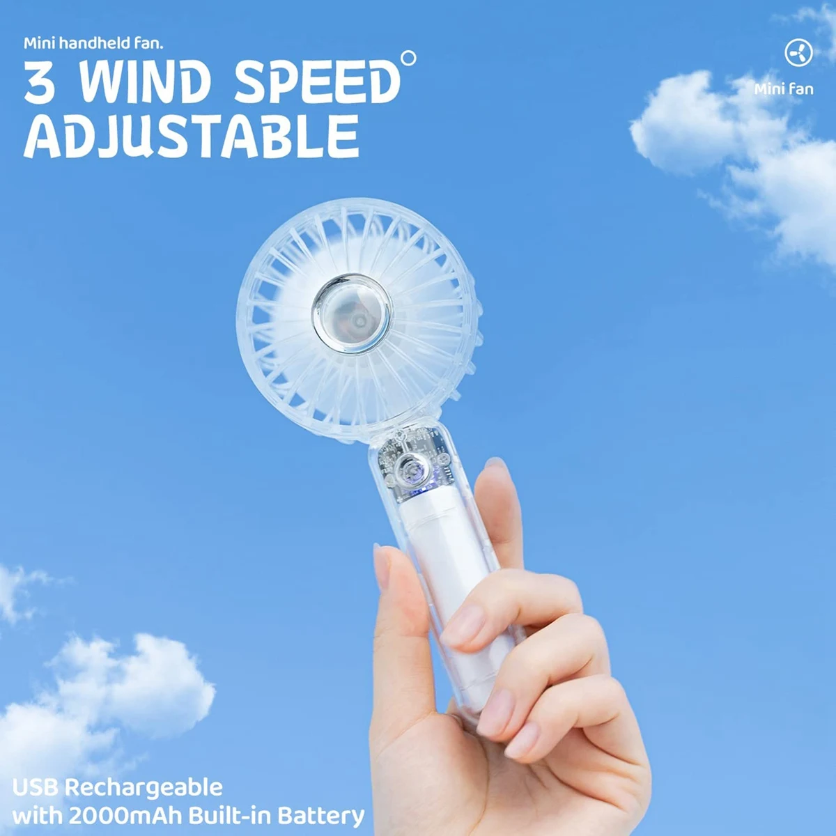 Handheld Fan Portable Fan Speed Adjustable, USB Rechargeable Fan with 7 LED Colorful Nightlight for Outdoor, Travel