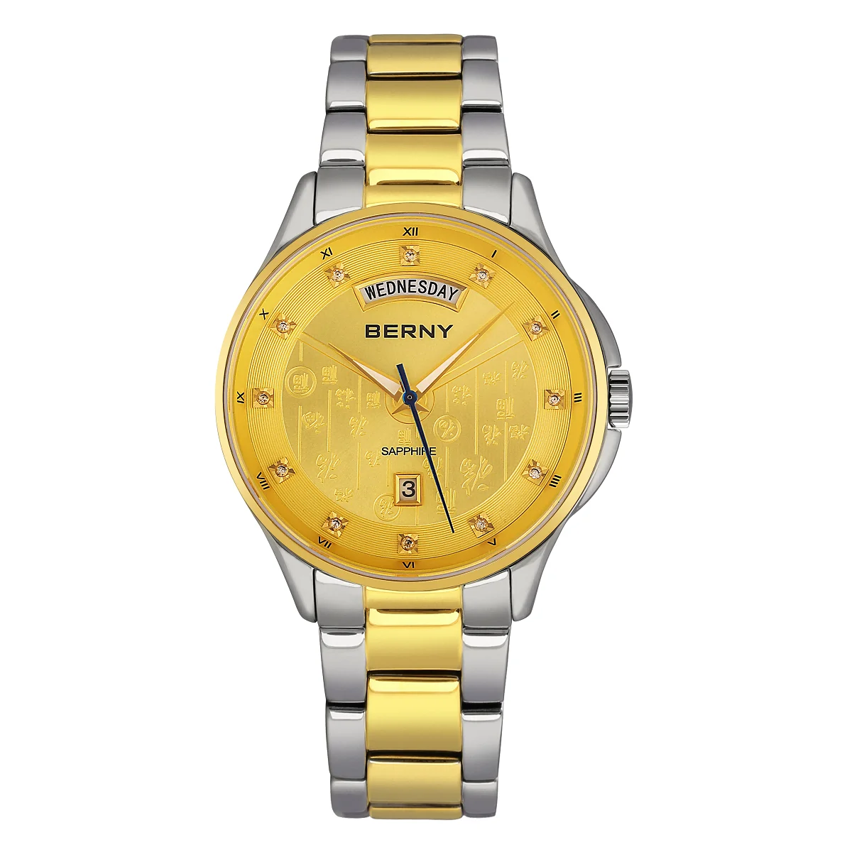 

BERNY Gold Watches for Men Sapphire Classic Elegant Quartz Men's Watch Date Weeks Full Stainless Steel Dress Business Wristwatch