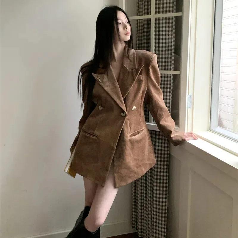 

Women's Autumn Winter Long Blazer Coat Jacket Notched Collar Double Breasted Slim-Waist Overcoat Outerwears 2025