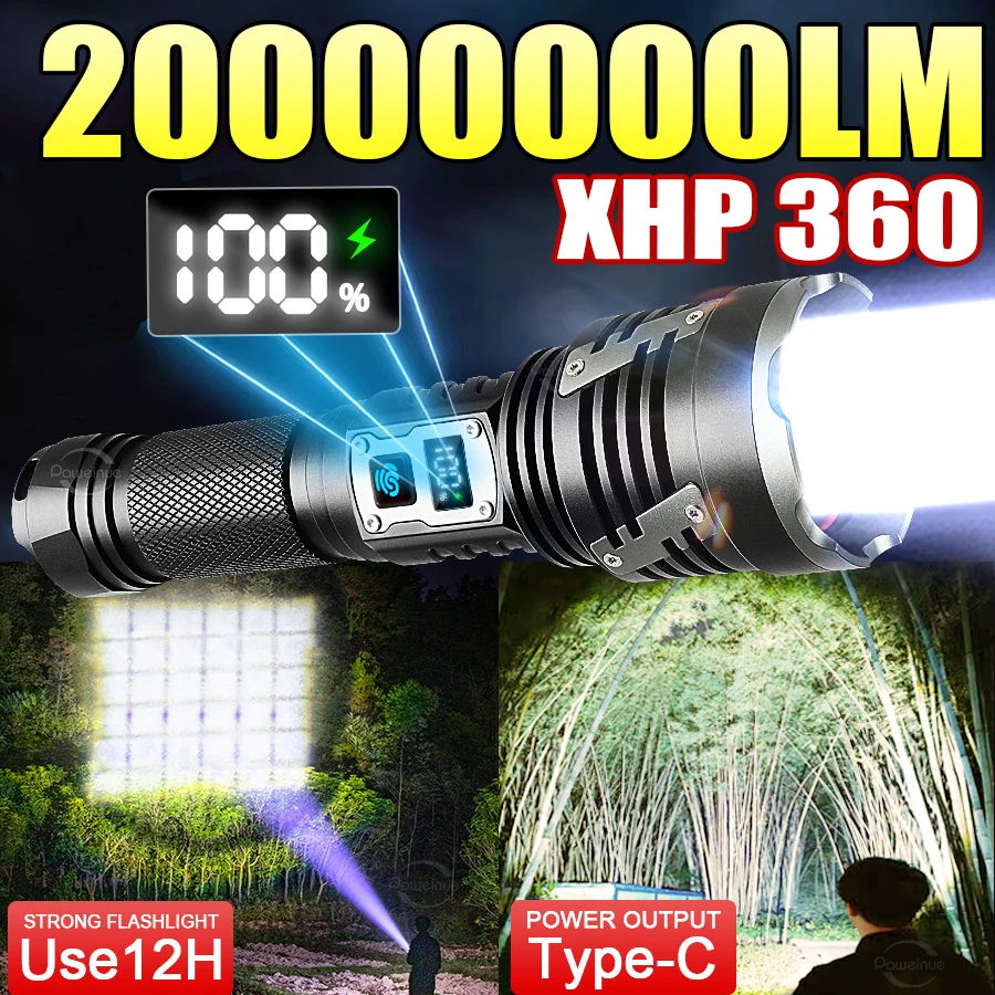 

Светодиодный фонарик XHP360, 20000000LM, перезаряжаемый, с телескопическим зумом, мощный, портативный, тактический, для кемпинга и рыбалки