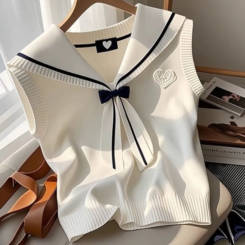 Loja de vendas leite branco gola marinha blusa feminina colete primavera verão nova gola boneca blusa coreano usar colete de malha boa aparência