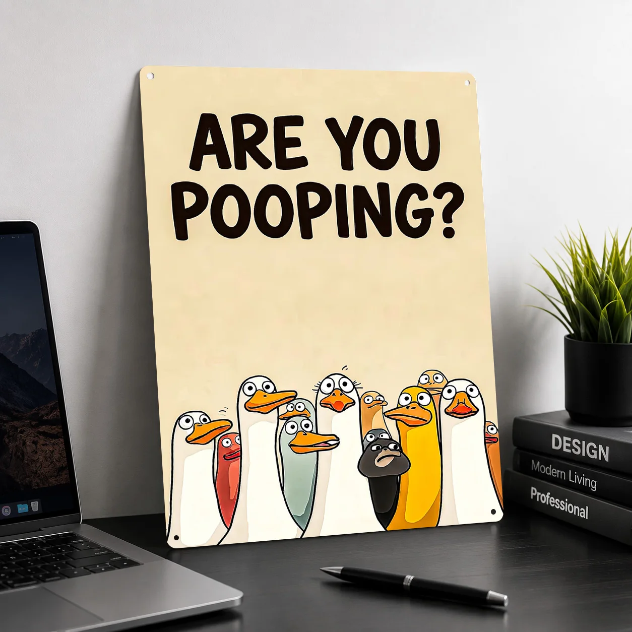 Are You Pooping? Funny Ducks Personalized 3D Textured Metal Poster Wall Art Tinplate Sign for Modern Home Decoration Ornaments