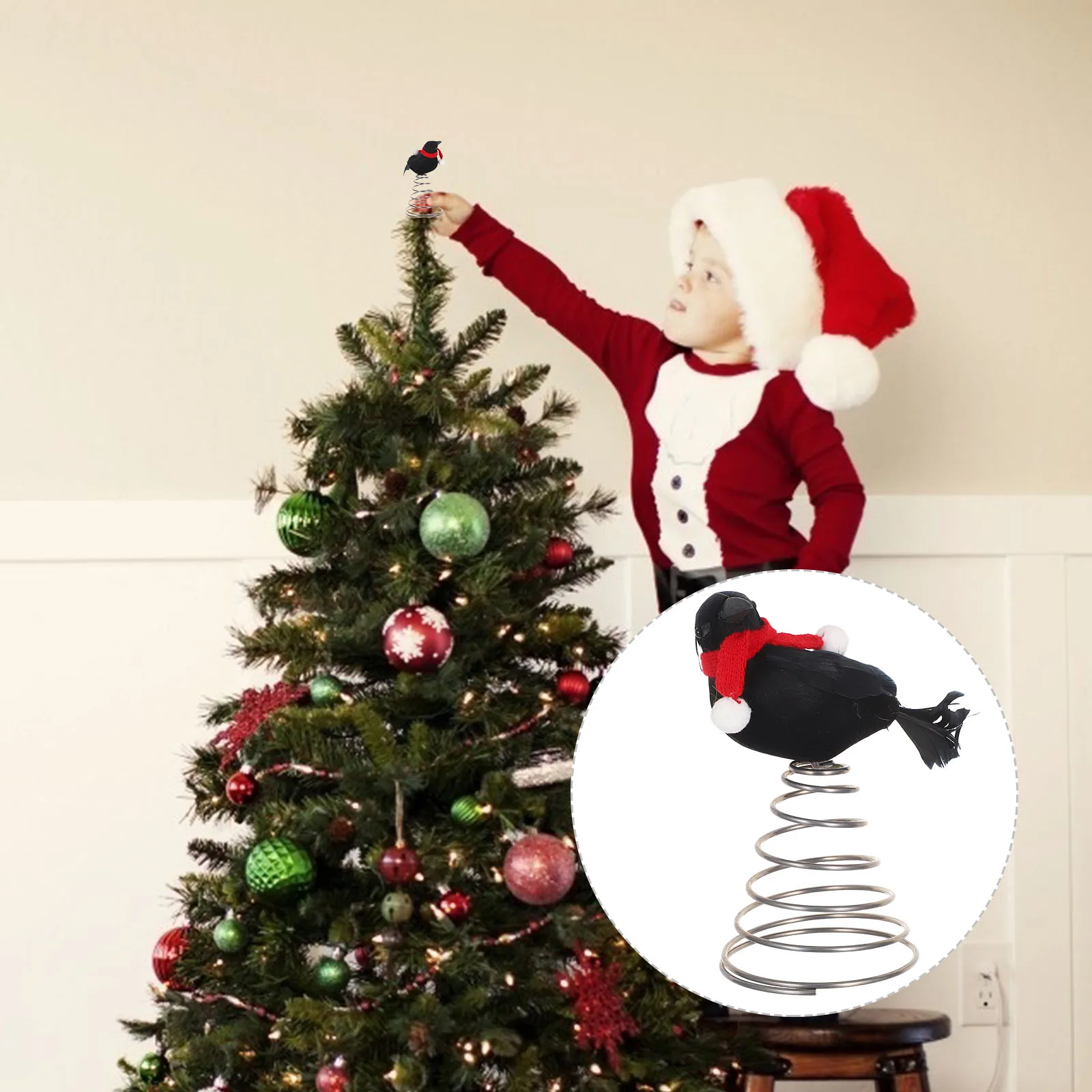 

Christmas Crow Topper Red Scarf Metal Bird Holiday Decor Halloween Party Decoration Retro Tree Topper Xmas Treetop Crows Tree