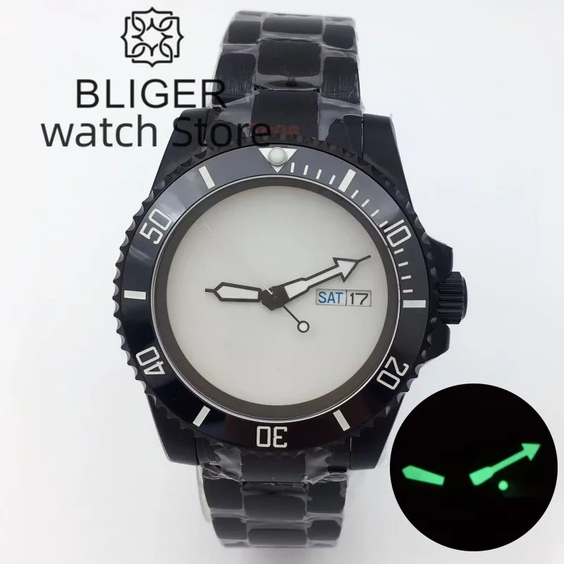 BLIGER 40mm sterile white dial Black PVD Diving Watch for Men Japan NH36 Movement Sapphire glass luminous Hands Steel strap