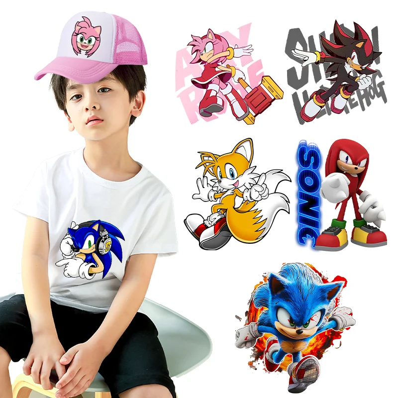 Game Sonics Iron on Patches for Clothing DIY T-shirt Heat Transfer Stickers Tails Anime Ironing Patch Boy Girl Cute Patches Gift