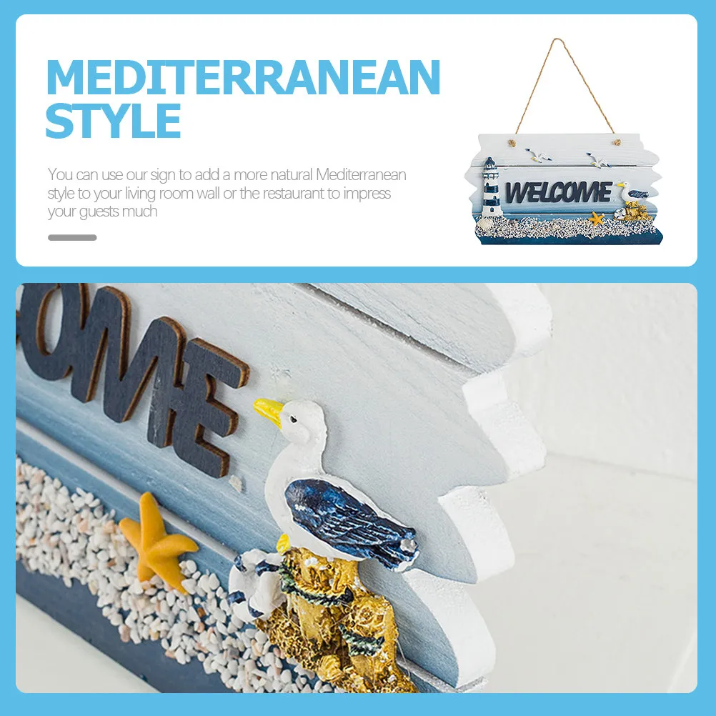 Mediterranean Wooden Welcome Sign Pine Nautical Hanging Plaque Ocean Elements Wall Decor Sea Bird Lighthouse Pendant