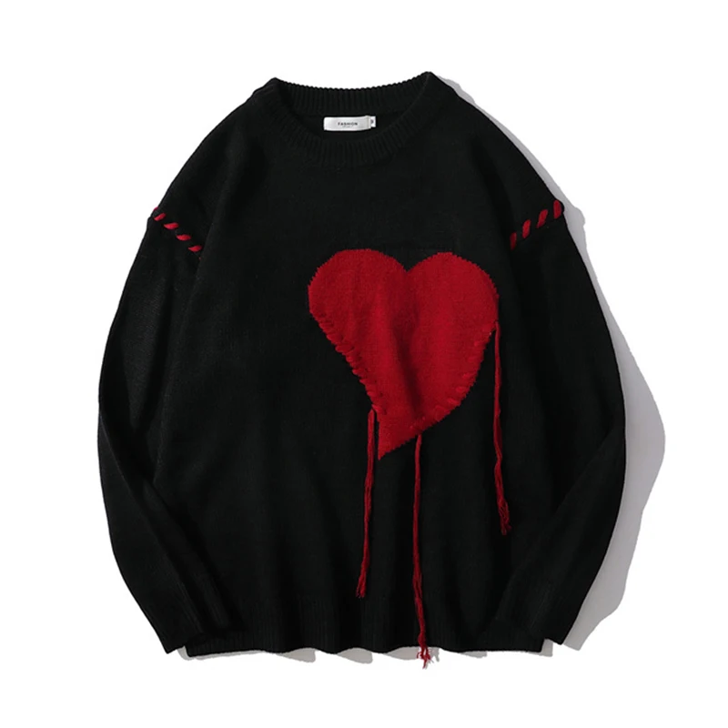 Harajuku Love Pattern Knitted ugly Sweater Men Letter Punk Rock Black Red Gothic Vintage Grandpa Sweater Women Cute Pullover