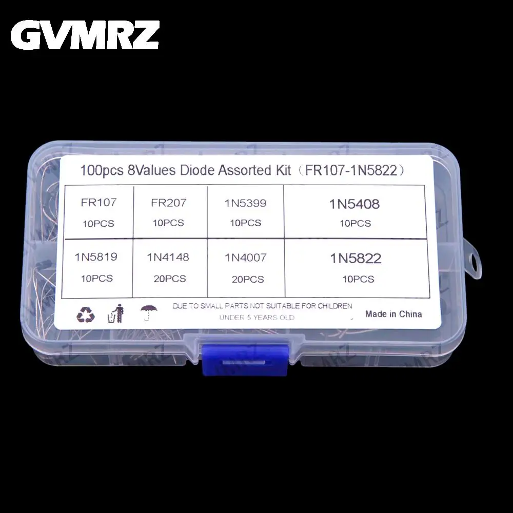 8Values 100PCS Diode Assorted KIT FR107 FR207 1N5399 1N5408 1N5819 1N4148 1N4007 1N5822 kit