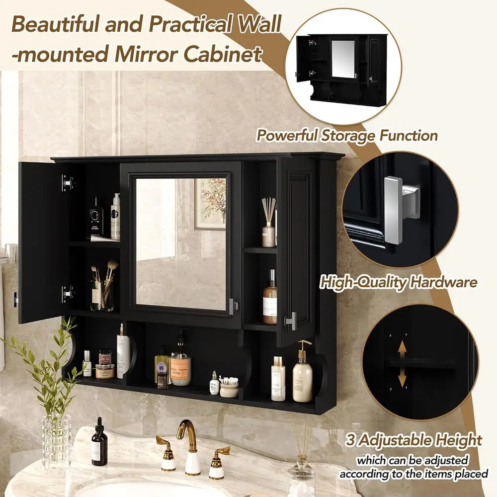 Bathroom Wall Cabinet with Mirror, Wall Mounted Medicine Cabinet with Adjustable Shelves and Open Spaces, 35" x 28" Mirrored Doo view 6
