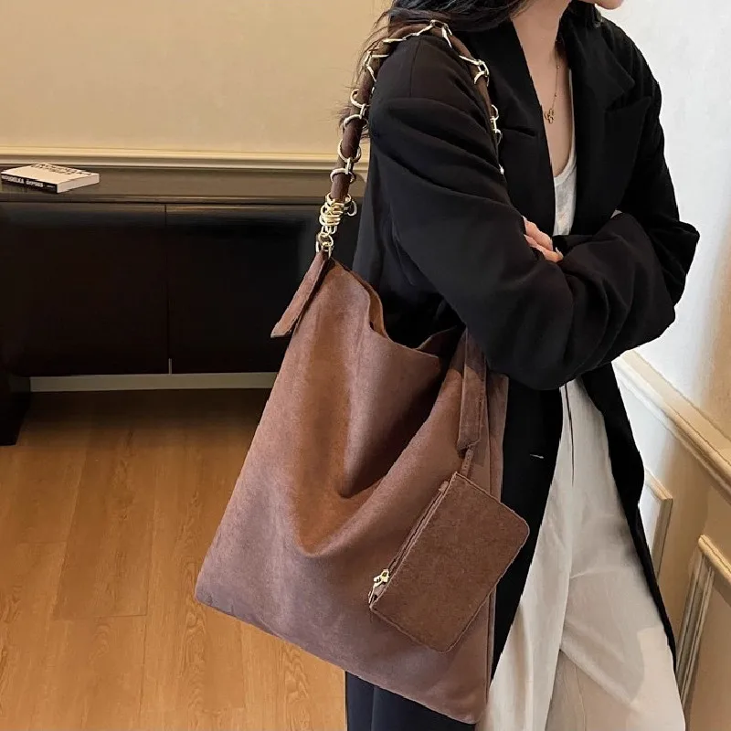 

Матовая сумка-ведро в стиле ретро для женщин, модные замшевые сумки на одно плечо большой вместимости, корейский стиль, коричневая сумка через плечо для поездок на работу