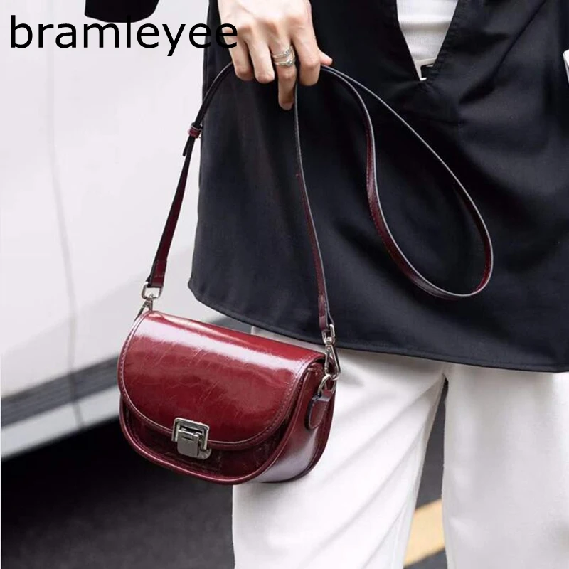 New Fashion Crackled Pattern Cowhide Leather Women Crossbody Bag Small Sophisticated Wine Red Cowskin Shoulder Bag 2 Strap