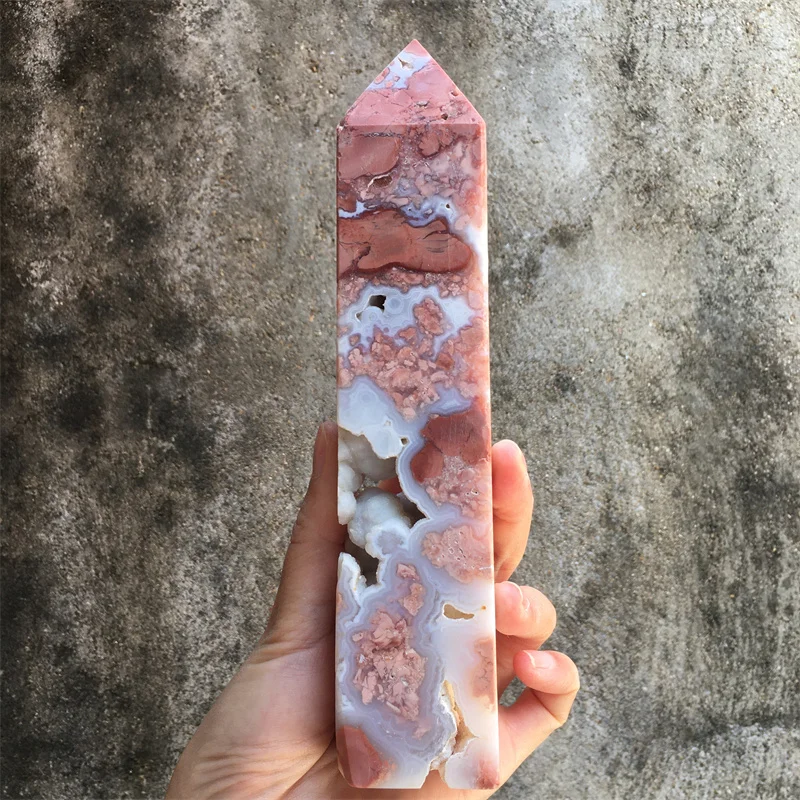 

Natural Stone Pink Agate Geode Tower Crystal Druzy Quartz Wand Point Obelisk Meditation Spiritual Energy Home Office Decor Gift