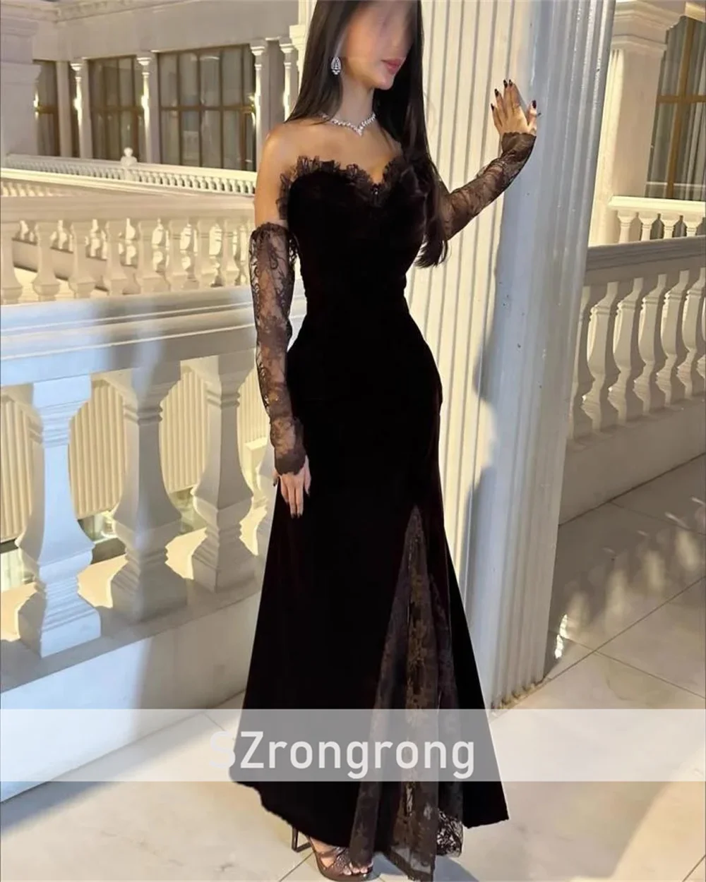 Afneembare 3/4 mouw lieverd kraag satijnen zijsplit avondjurk schede lange Saoedi-jurk rugloos met kant op maat gemaakt