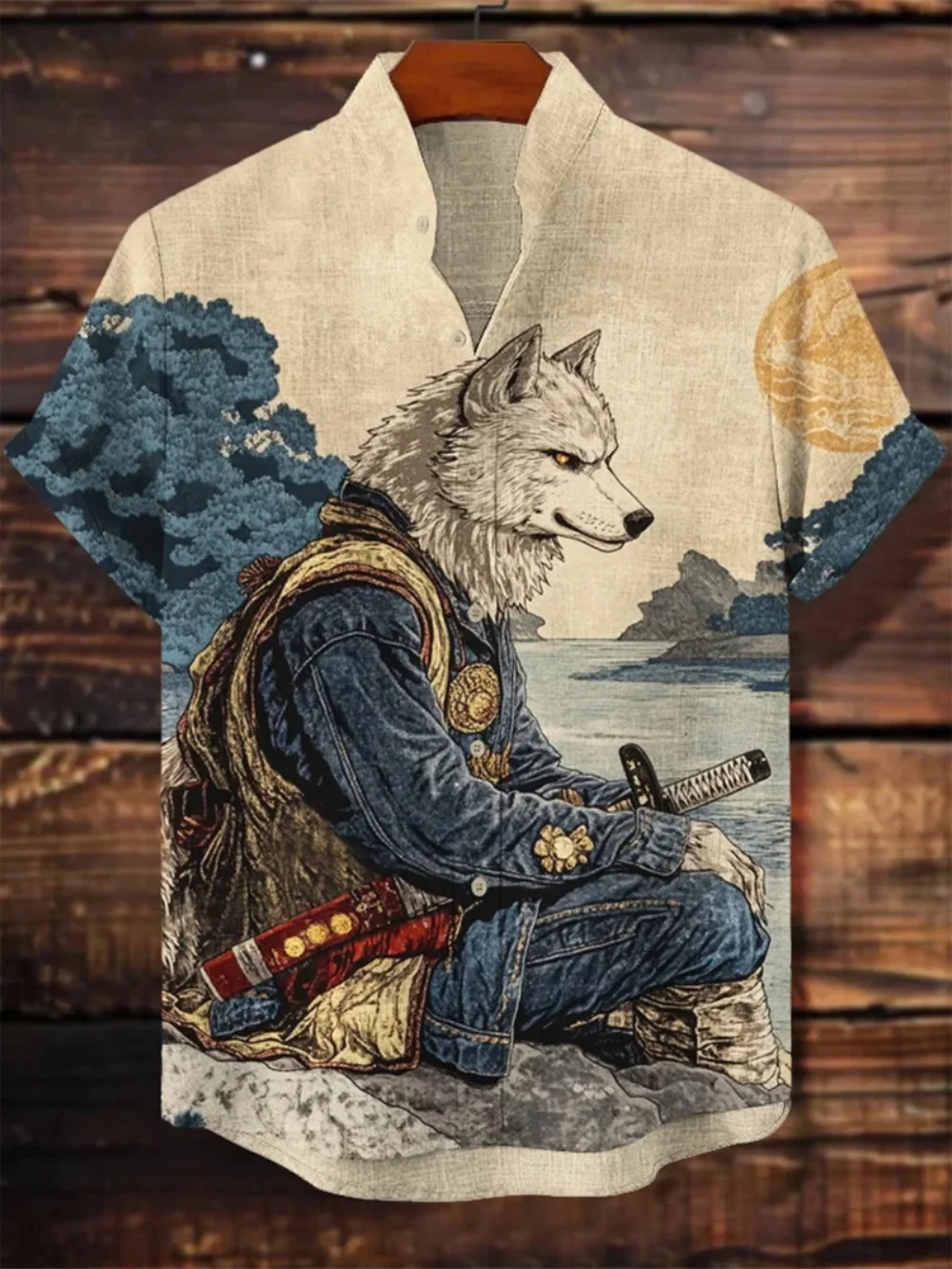 

Men's Retro Geometric Pattern Linen Short Sleeve Shirt Stand up Collar Cardigan Casual Men's Clothing