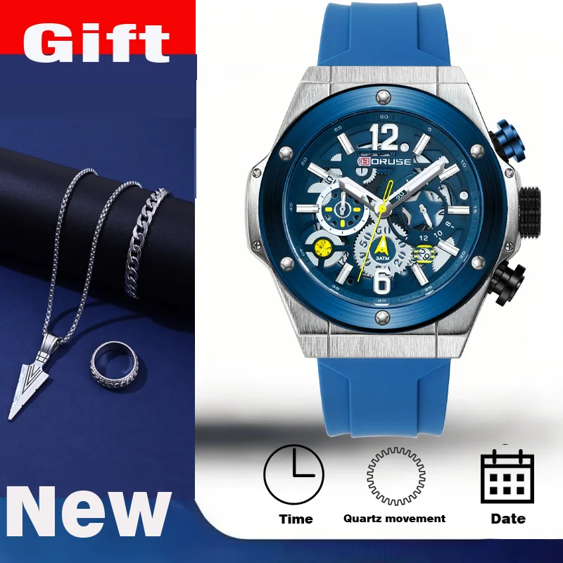

Набор из 4 предметов BORUSE, деловые часы и комплект ожерелья с треугольной головкой, мужские силиконовые кварцевые водонепроницаемые часы, повседневные часы с датой
