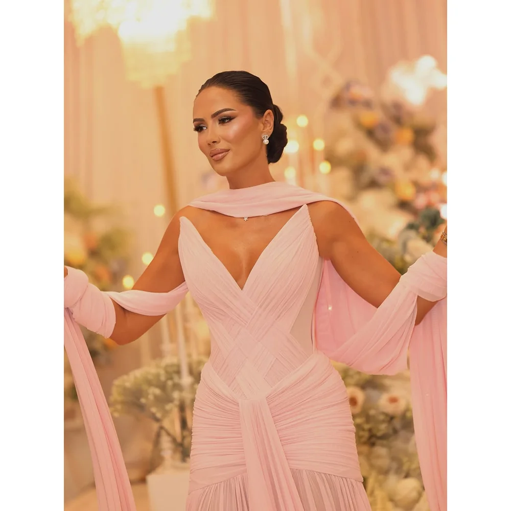Vestido de noite rosa sexy com decote em v sem mangas plissado chiffon sereia vestidos de noite com ccarf vestidos de festa formais personalizados