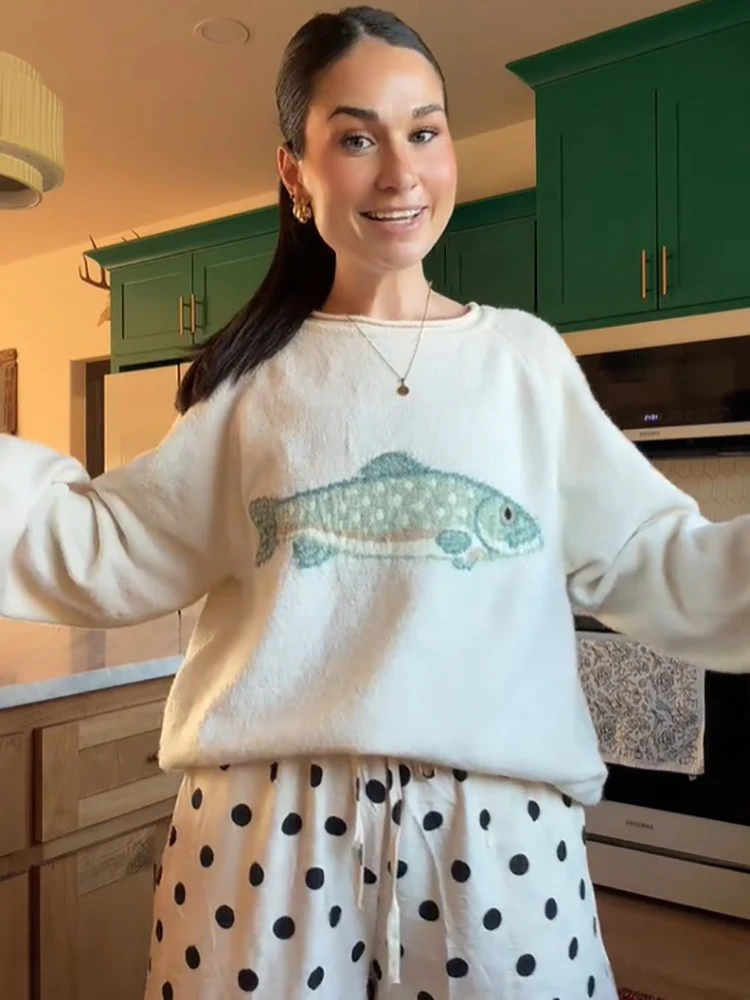 Fashion Cute Fish Pattern Kintted Sweater Loose Round Neck Long Sleeve Soft Cozy Top Autumn Winter Lady Daily Casual Pullovers
