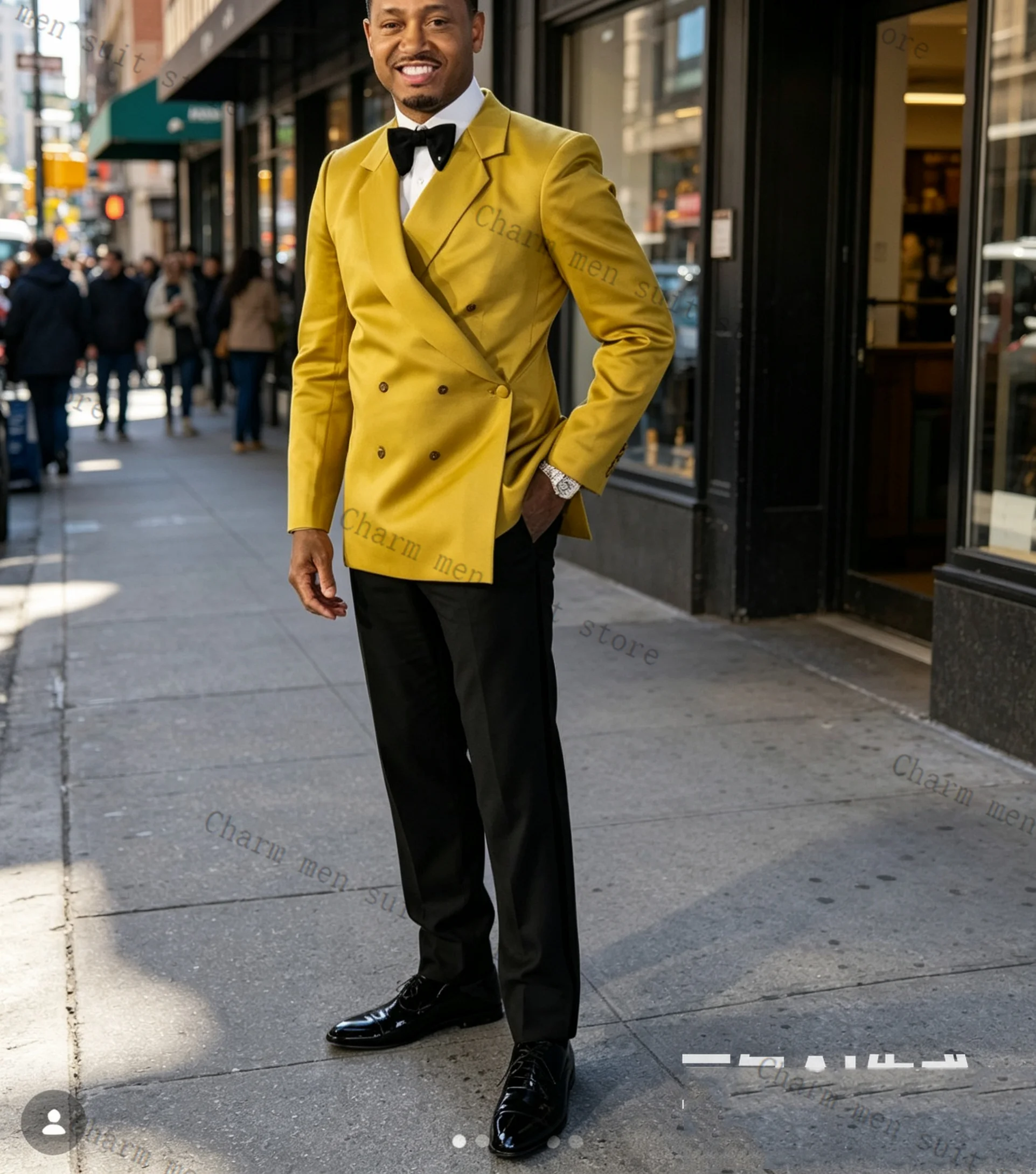 

Yellow Men Suits Set 2 Pcs Blazer+Cotton Black Pants Trousers Wedding Tuxedo Formal Office Business Double Braested Jacket Coat