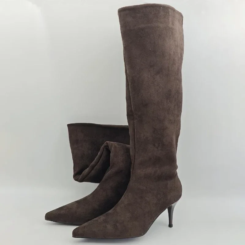 

Aneikeh Street Style Winter Designer Retro Pleated Pointed Toe Knee High Boots Women Female Elegant Botas De Mujer 2026 New