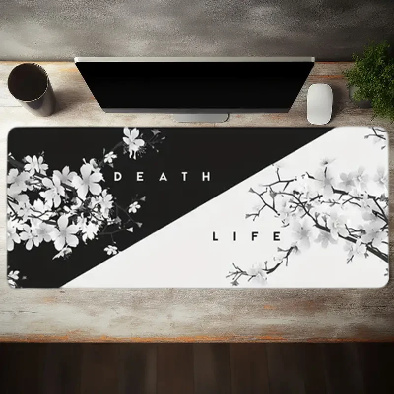Black and white Cherry Blossom Life and Death keyboard pad animation game mouse pad, 2mm thick non-slip rubber base and sewn edg