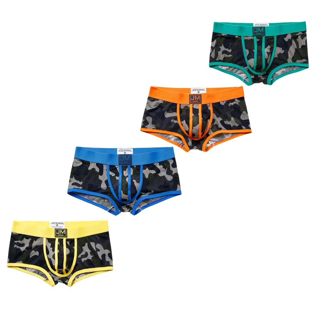 Jockmail Men Underwear Nylon Mesh Semi Transparent Camouflage Boxers Sexy Low Waist Sports Man Cueca Soft Calzoncillos Hombre