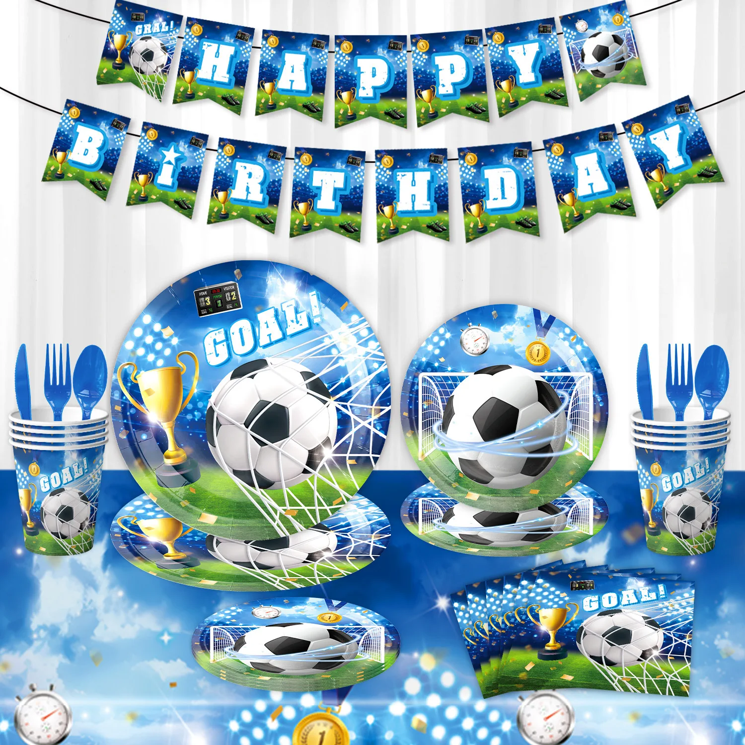 

Blue Football Party Decorations Blue Soccer Gold Trophy Disposable tableware Boys Happy Football Theme Birthday Party Decor