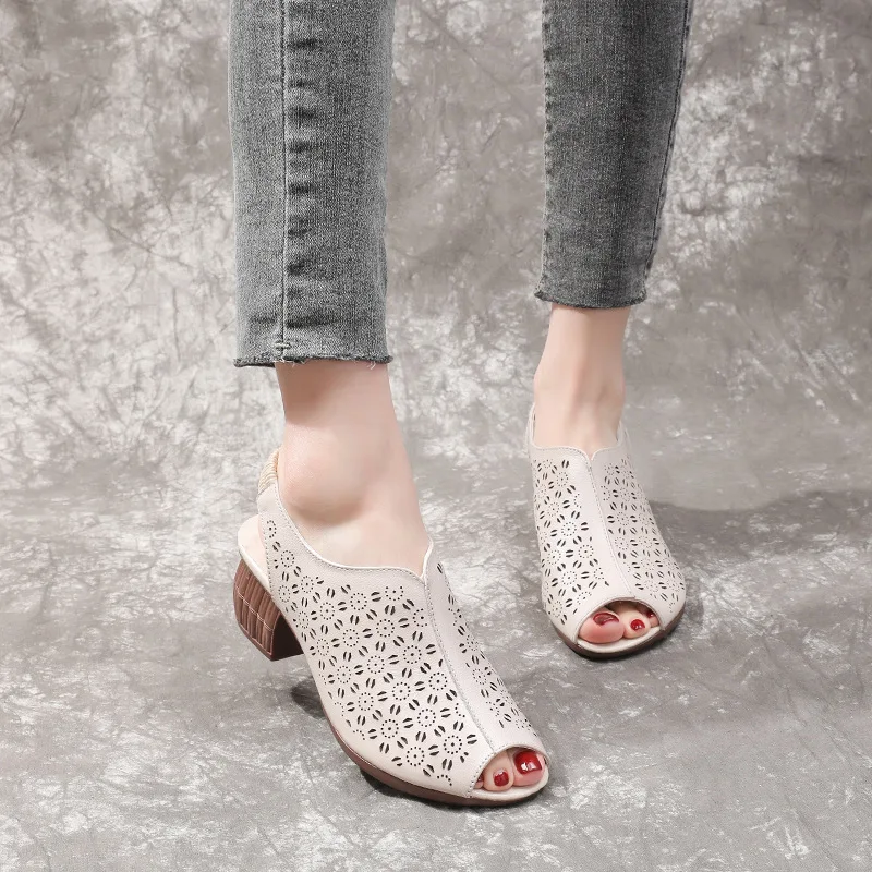 New Women's Sandals Thick Middle Heel Perforated Hollow Fish Mouth Soft Bottom Soft Cowhide Hole Shoes