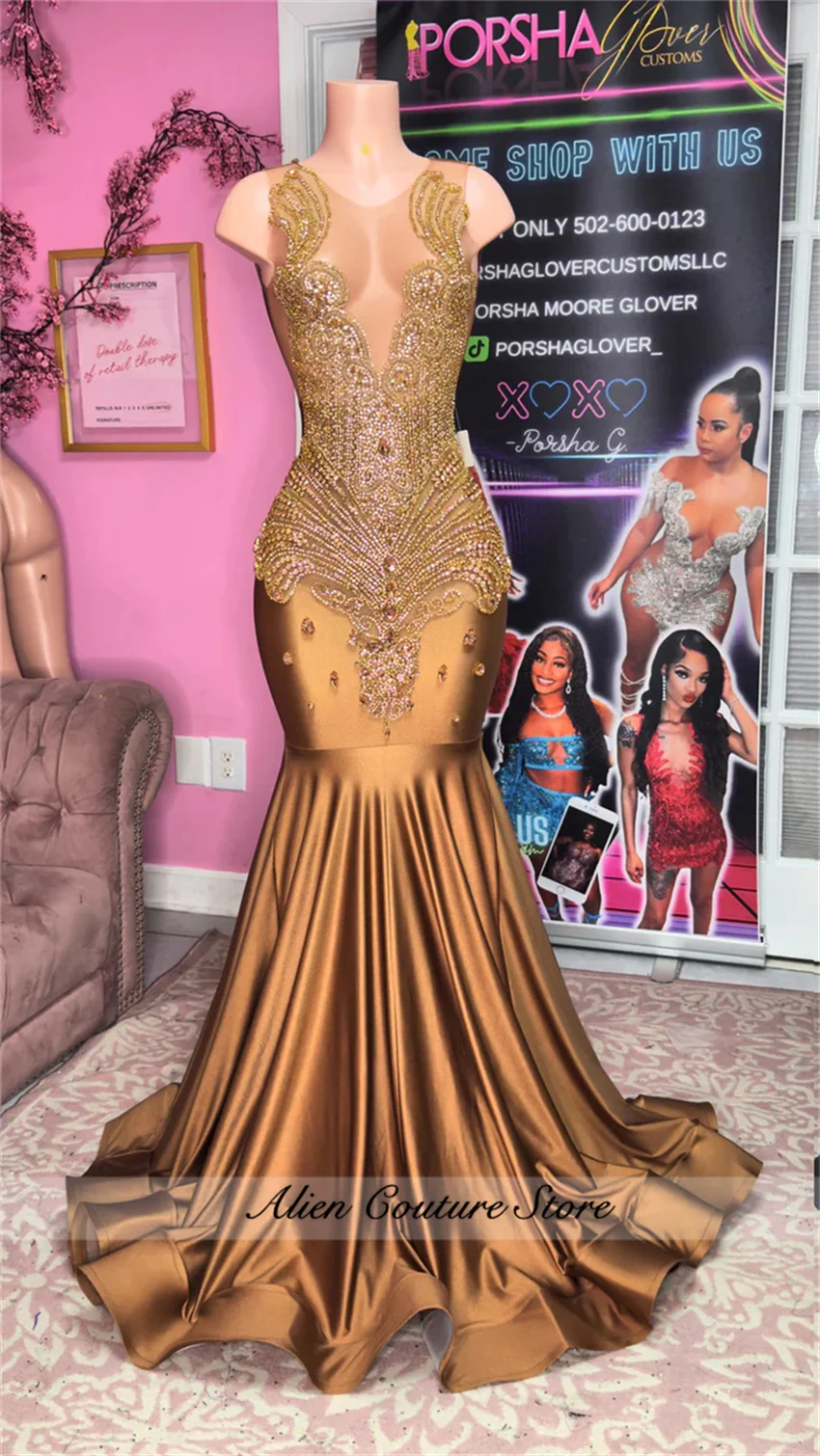 

Gorgeous Brown Mermaid Prom Dress Sparkling Diamonds Beaded Evening Gown Black Girls Party Celebrity Dress vestido Custom