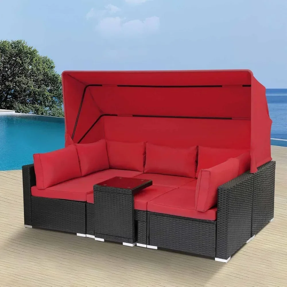 

7 Pieces Patio Furniture Sets Daybed with Retractable Canopy, Outdoor Rattan Sectional Sofa Set, Wicker Patio Seating Chairs