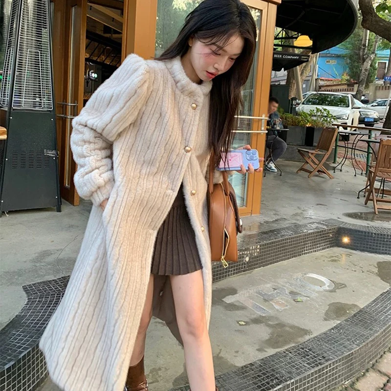 Women Faux Fur Long Coat Elegant Vintage Thick Warm Jacket Faux Mink Single Breasted Stand Collar Loose Casual Winter Outwear