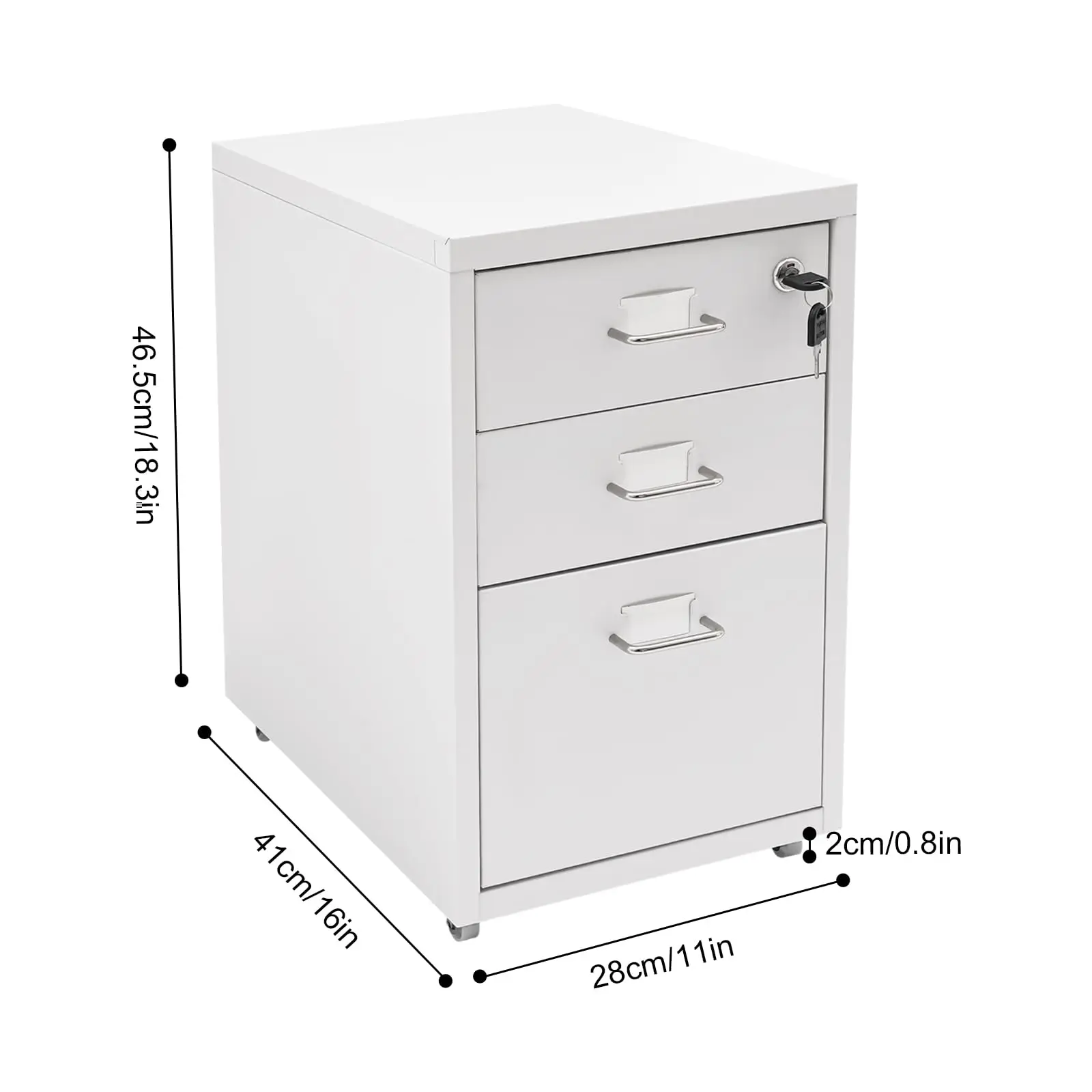 Vertical File Cabinet with 4 Wheels - 3-Drawer Metal Mobile File Cabinet with Lock - 11×16×18.3 Inch under Desk Lockable File Cabinet
