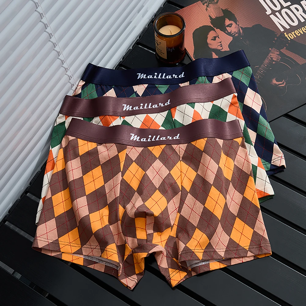 

3PCS/Pack Fashion Rhombus Plaid Men's Panties Cotton Soft Breathable Antibacterial Boxer Large Space U-shaped Pouch Underwear