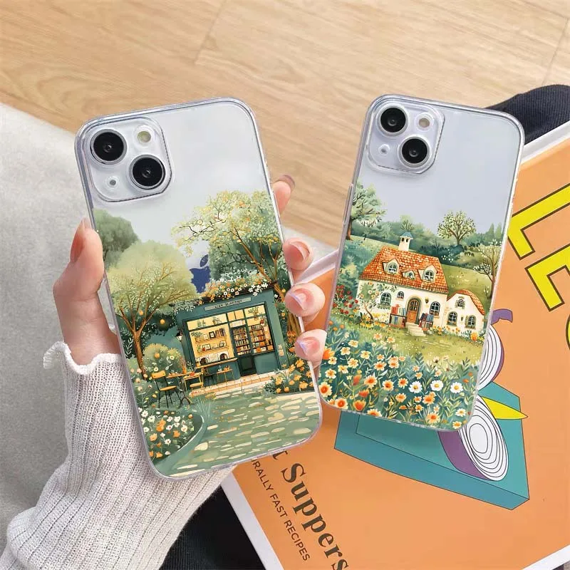 Oil Painting Garden Grange Countryside Fairy Art Clear Phone Case For iPhone XR XS X 7 8 Plus 15 14 13 12 11 Pro Max Mini Covers