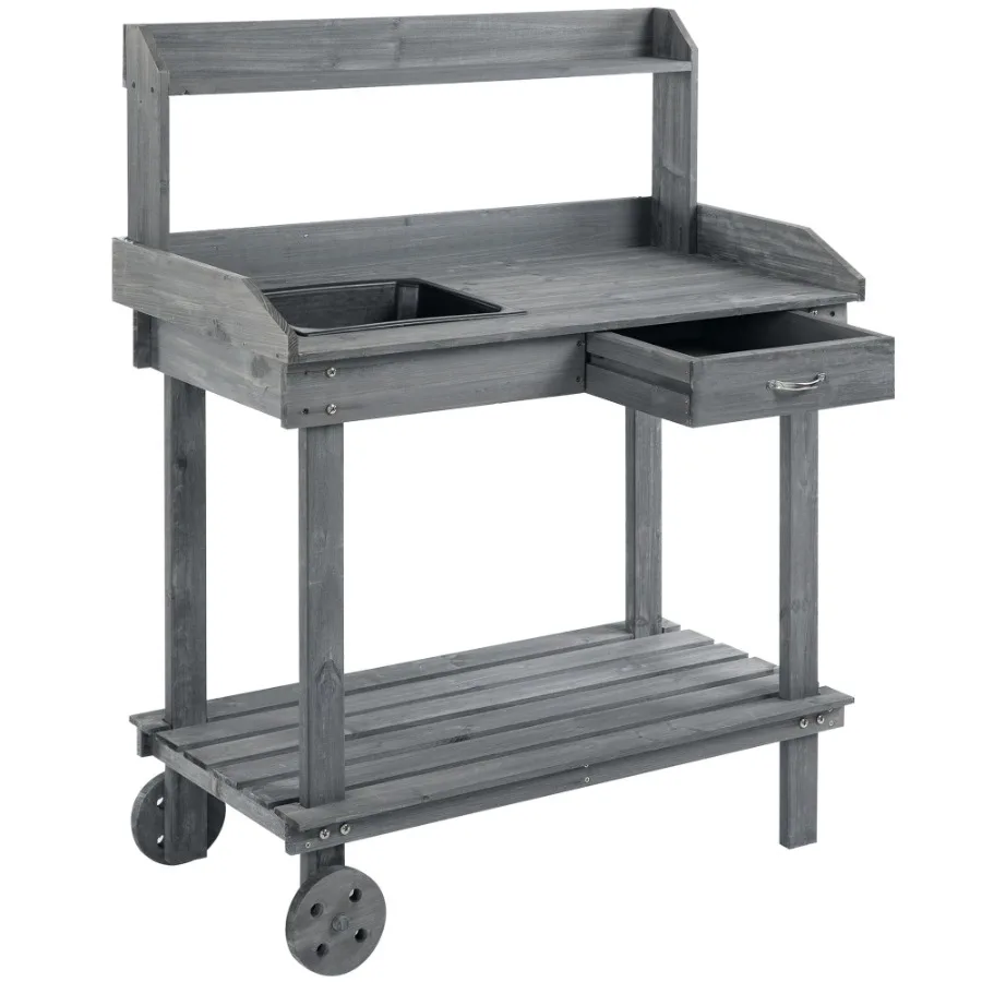 

Potting Bench with Wheels Sink Drawer Storage Spaces Wooden Gray