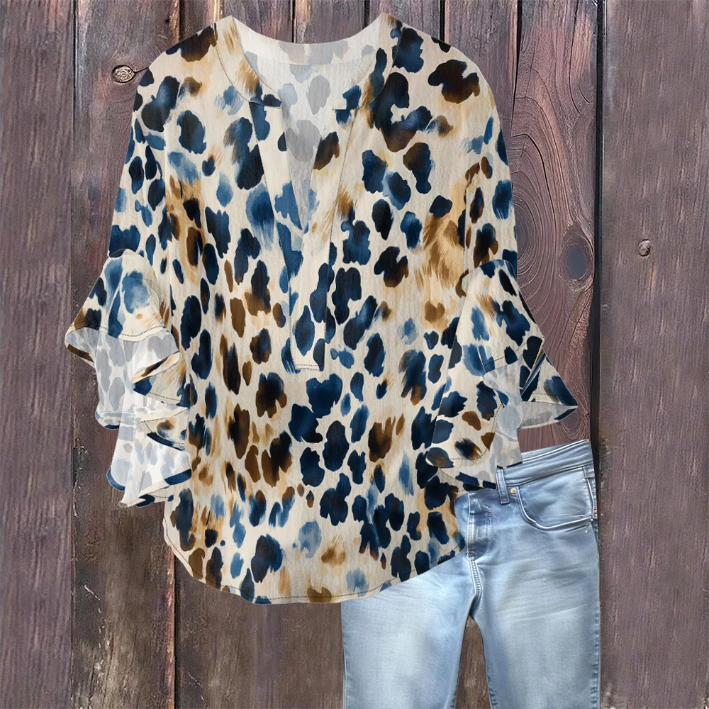 

Women's Chic Leopard Print Blouse Unique Blue Brown V-Neck and Ruffled Three-Quarter Sleeves Fashion Casual Top Bohemian Shirts