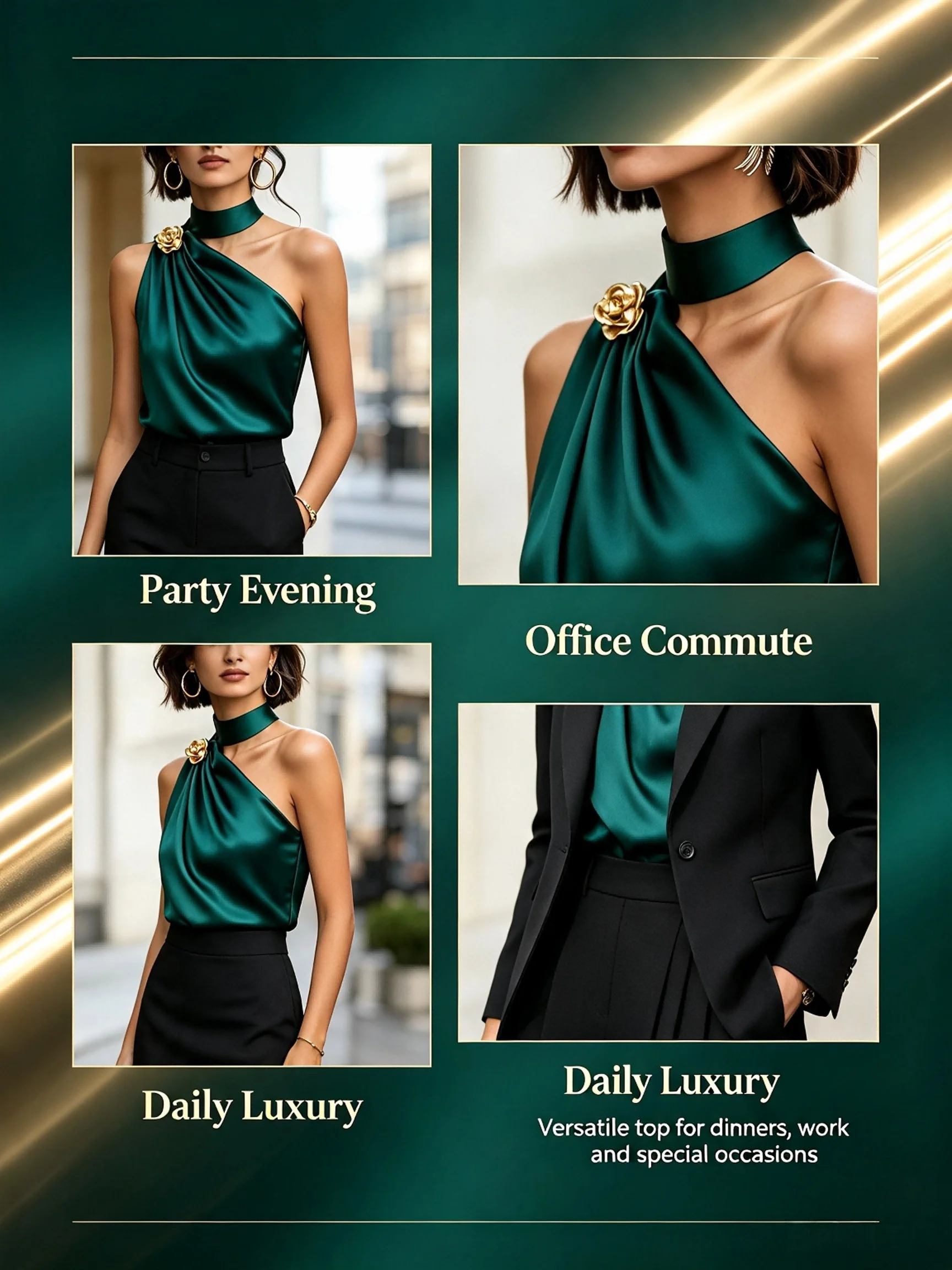 Smaragdgrünes Satin-Neckholder-Top mit einer Schulter für Damen, Elegante Goldrosen-Brosche, Drapierte Ärmellose Bluse, Party- und Abendhemd – Detail 6