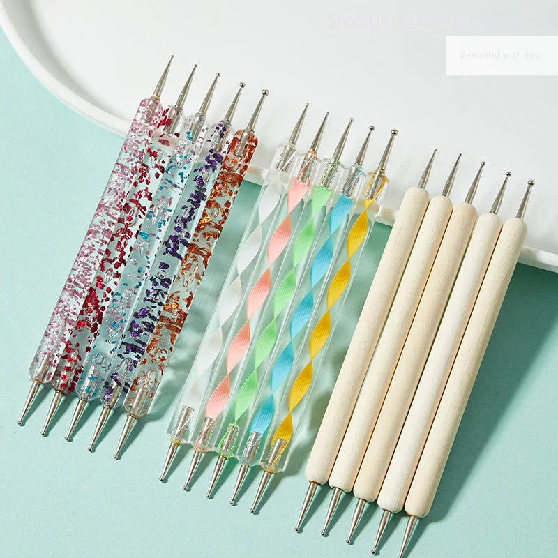 ネイルアート用のクリスタル装飾ハンドル付きドットペン5本、描画やラインストーンの適用に両面使用可能