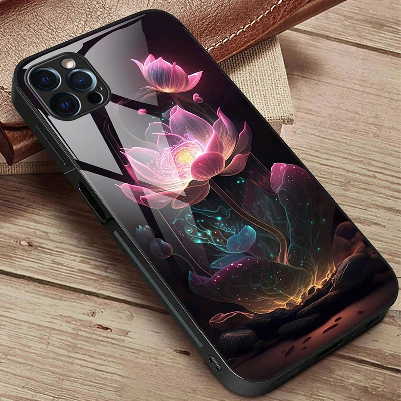 Luxury Lotus Flower Print Glass Phone Case For Samsung Galaxy S25 S24 S23 S22 S21 S20 S10 S10E Edge Ultra Plus FE 4G 5G Silicone