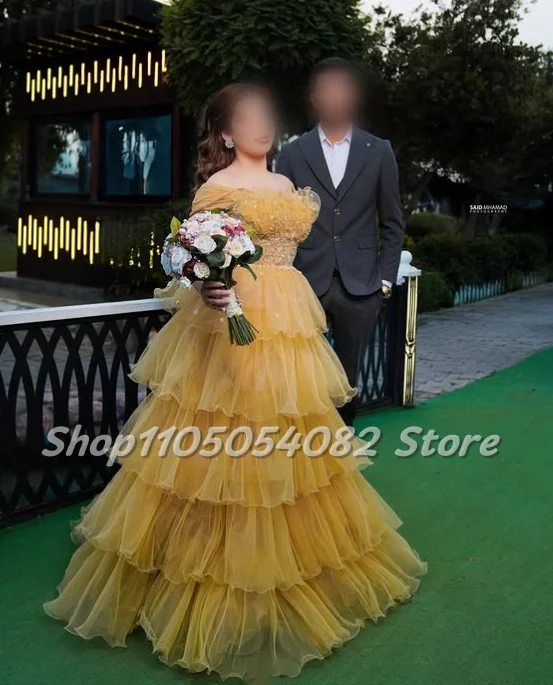 Luxurious Ginger Yellow Snap Shoulder Luxurious Wedding Dress Beaded Studs Off-the-Shoulder Waist Customized A-Line Layered